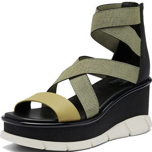 SOREL 9 Joanie III Leather Sport Strap Wedge Platform Sandal Olive Black CLEAN